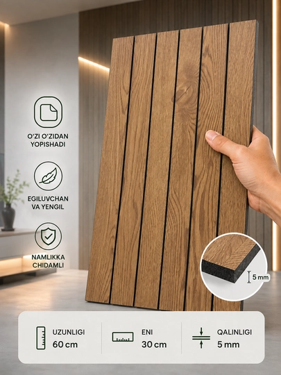 Oboy, Akustik samokleyka panel rulonlik reykali, dekorativ devor uchun, 30x60 sm 5 Dona - 