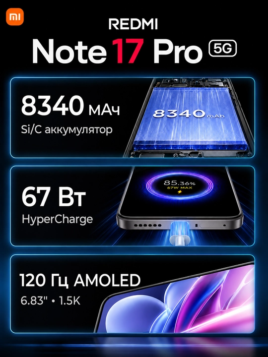 Смартфон Redmi Note 17 Pro 5G, 8+512ГБ, AMOLED 120Гц дисплей, 50МП камера, 8340 мАч
