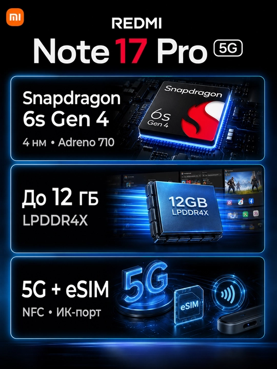 Смартфон Redmi Note 17 Pro 5G, 8+512ГБ, AMOLED 120Гц дисплей, 50МП камера, 8340 мАч