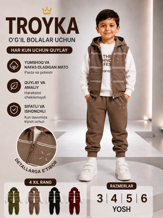 O‘g‘il bola uchun kuzgi troyka, qulay kostyum, kapyushonli nimcha, 3-6 yosh