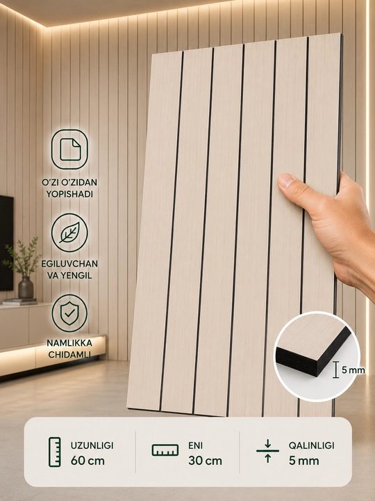 Oboy, Akustik samokleyka panel rulonlik reykali, dekorativ devor uchun, 30x60 sm 5 Dona - 