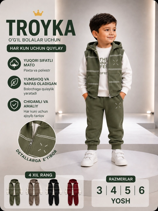 O‘g‘il bola uchun kuzgi troyka, qulay kostyum, kapyushonli nimcha, 3-6 yosh