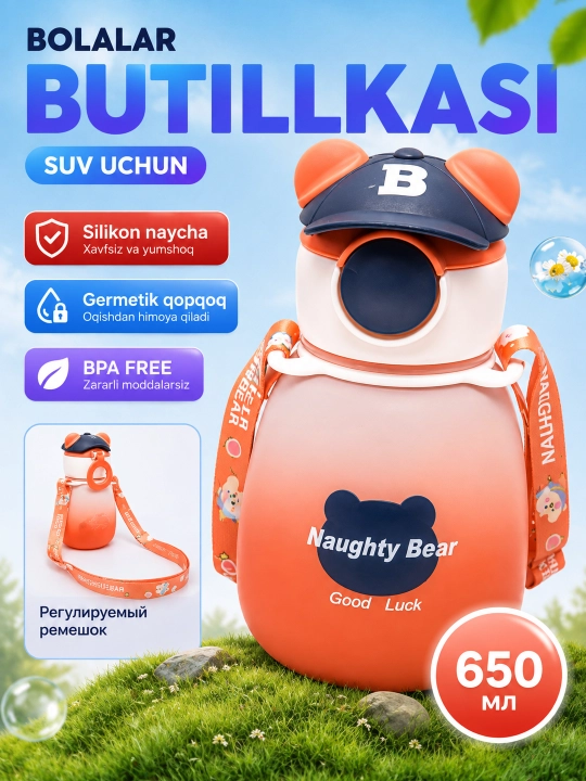 Бутылка для воды, детская, с силиконовой трубочкой, для мальчиков и для девочек медвежонок - 