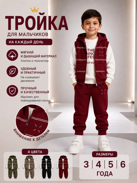 Осенняя тройка для мальчика, удобный костюм, жилет с капюшоном, 3–6 лет - 