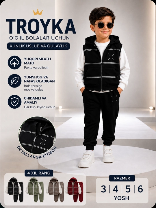 Осенняя тройка для мальчика, удобный костюм, жилет с капюшоном, 3–6 лет