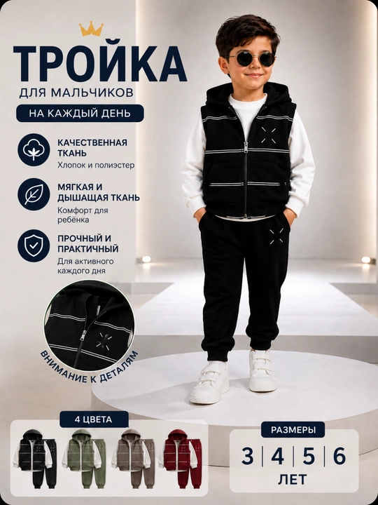 Осенняя тройка для мальчика, удобный костюм, жилет с капюшоном, 3–6 лет - 