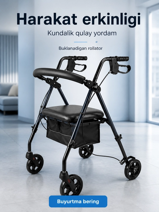 Xadenok kattalar va keksalar uchun, g‘ildirakli rollator, o‘rindiqli yurish tayanchi - 