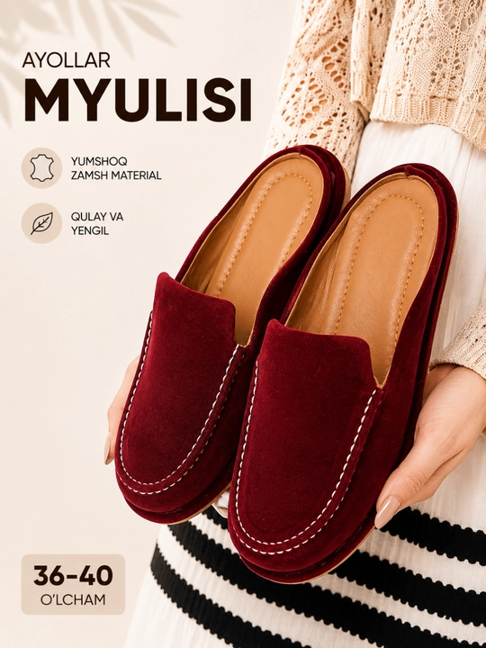 Ayollar myuli tapochkasi – yumshoq zamsh, qulay kundalik oyoq kiyim, 36–40 - 