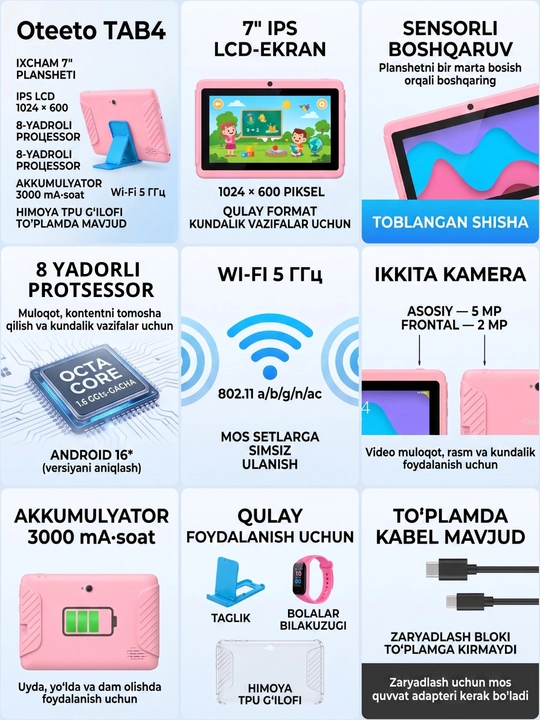 Детский планшет 7 дюймов — устройство для обучения, игр и просмотра мультфильмов