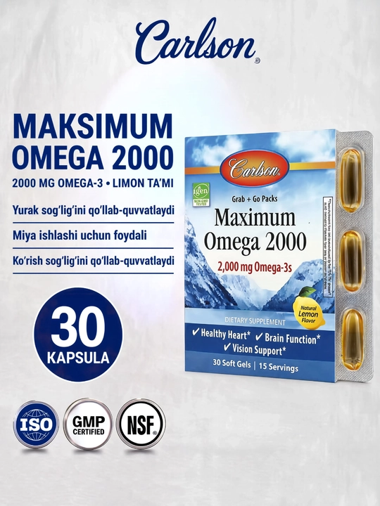 Carlson Maximum Omega 2000, Омега-3 2000 мг, limon ta’mli baliq yog‘i, 30 kapsula