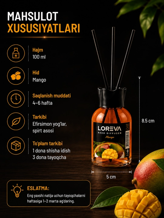 Освежитель воздуха Loreva Mango, ароматизатор и аромат для дома, офиса и автомобиля, 55 мл