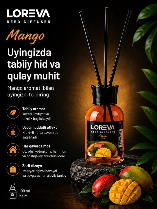 Освежитель воздуха Loreva Mango, ароматизатор и аромат для дома, офиса и автомобиля, 55 мл - 