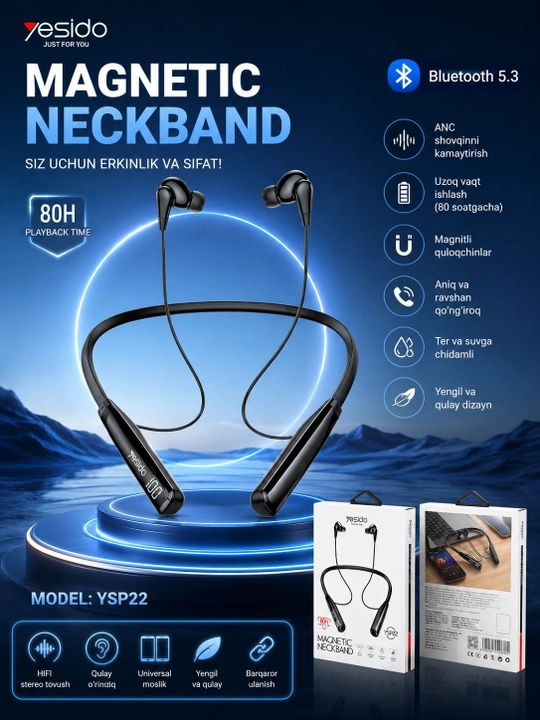 Yesido YSP22 blutooth 5.3 magnitli boyin quloqchini 80 soatgacha ishlash ANG - 