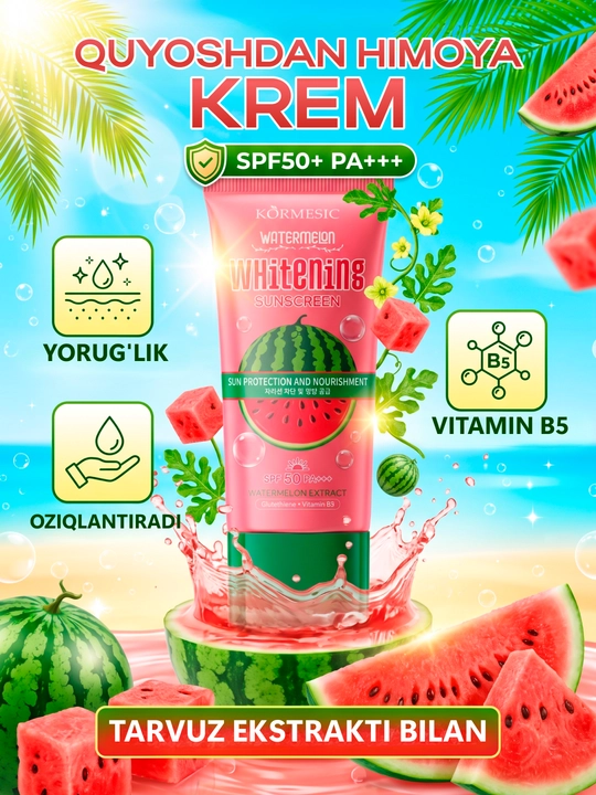 Tarvuz ekstraktli Kormesic oqartiruvchi quyoshdan himoyalovchi krem (SPF50+ PA+++), 30ml