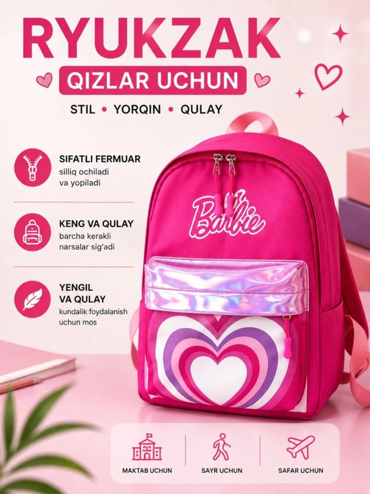 Qizlar uchun pushti ryukzak — maktab, sayr va sayohat uchun bolalar sumkasi - 
