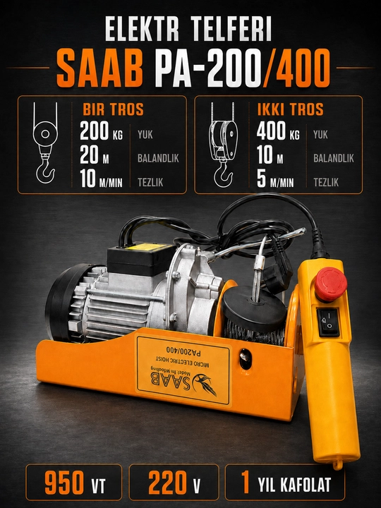 Telfer elektr SAAB PA-400, 200/400 kg, balandligi 20/10 m