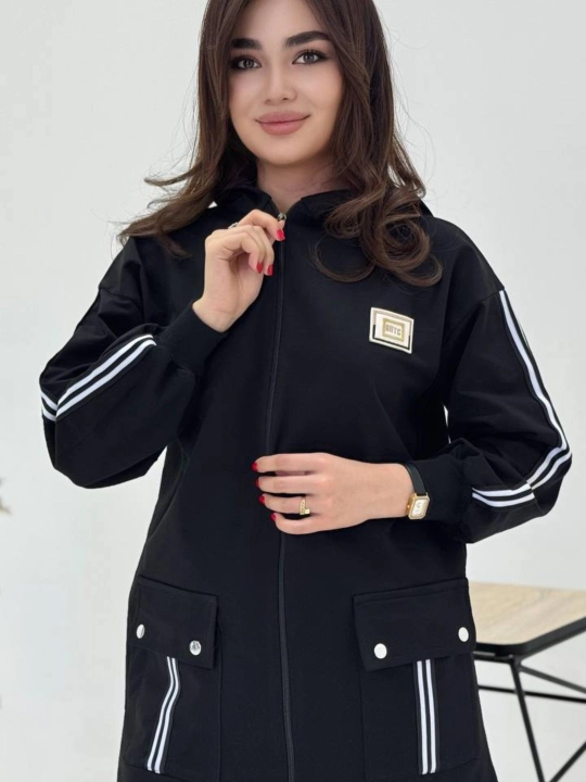 Ayollar uchun sportI dvoyka kostyum, kapyushonli kofta va keng shim, 46–56