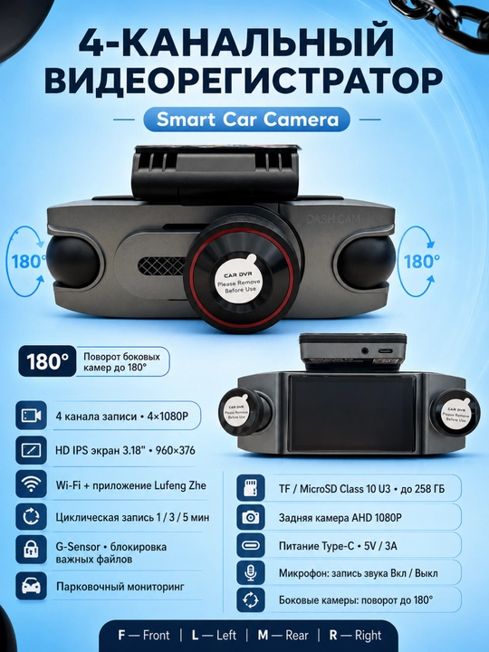 Видеорегистратор DIAMOND Smart Car Camera 4K, 4-канальный, Wi-Fi