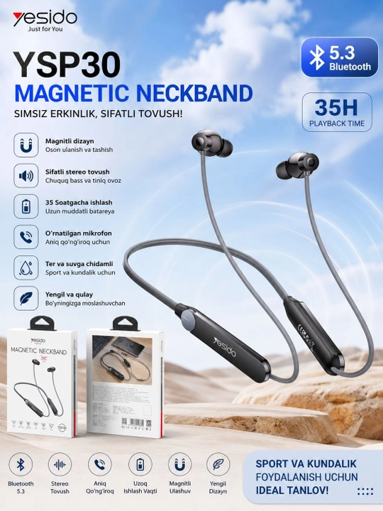 Yesido YSP30 Bluetooth 5.3 - bo‘yinbog‘li magnit simsiz quloqchinlar, 35 soatgacha - 