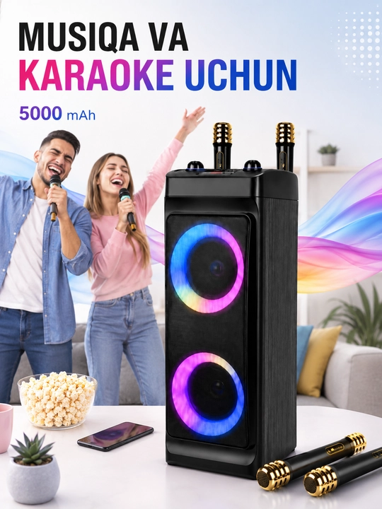 Колонка ZQS-4209 Super Bass с 2 беспроводными микрофонами, RGB-подсветкой и пультом - 