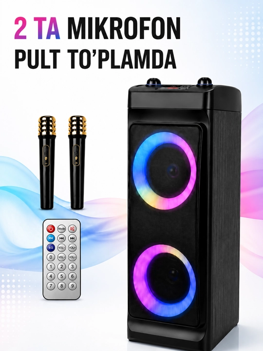 Колонка ZQS-4209 Super Bass с 2 беспроводными микрофонами, RGB-подсветкой и пультом
