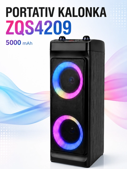 Колонка ZQS-4209 Super Bass с 2 беспроводными микрофонами, RGB-подсветкой и пультом