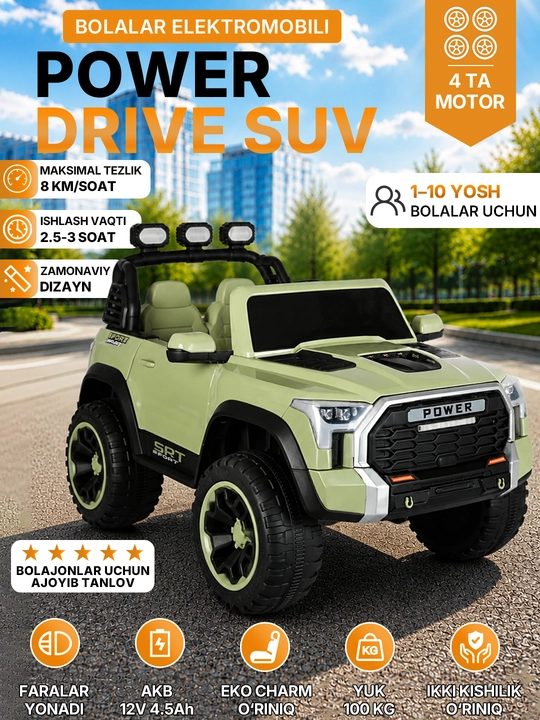 12V 4x390 kuchlanishli, to‘liq uzatmali, APP+pultli, EVA g‘ildirakli bolalar elektromobili