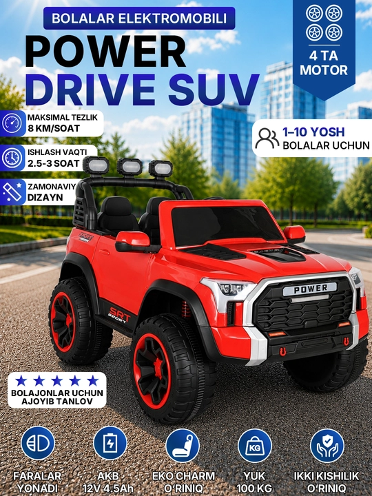 12V 4x390 kuchlanishli, to‘liq uzatmali, APP+pultli, EVA g‘ildirakli bolalar elektromobili