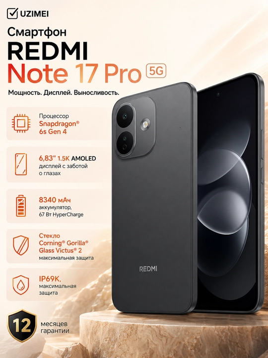 Smartfon REDMI Note 17 Pro 5G, 6.83" AMOLED 120 Gs, Snapdragon 6s Gen 4 + sovg‘aga ryukzak - 