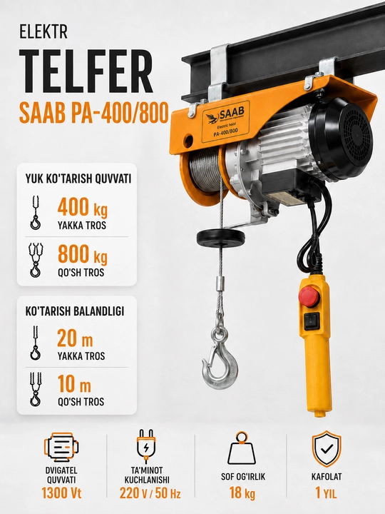 Telfer elektr SAAB PA-800, 0.4/0.8 t, balandligi 20/10 m