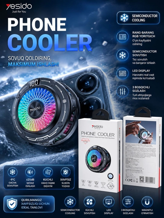Yesido C324 - RGB LED yoritgichli telefon uchun magnitli sovutgich, -9 °C gacha sovutadi - 