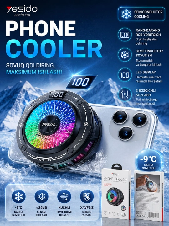 Yesido C324 - RGB LED yoritgichli telefon uchun magnitli sovutgich, -9 °C gacha sovutadi