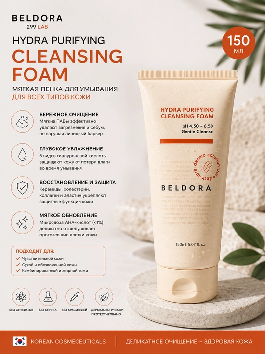 Beldora Увлажняющая пенка для умывания Hydra Purifying Cleansing Foam, 150 мл - 