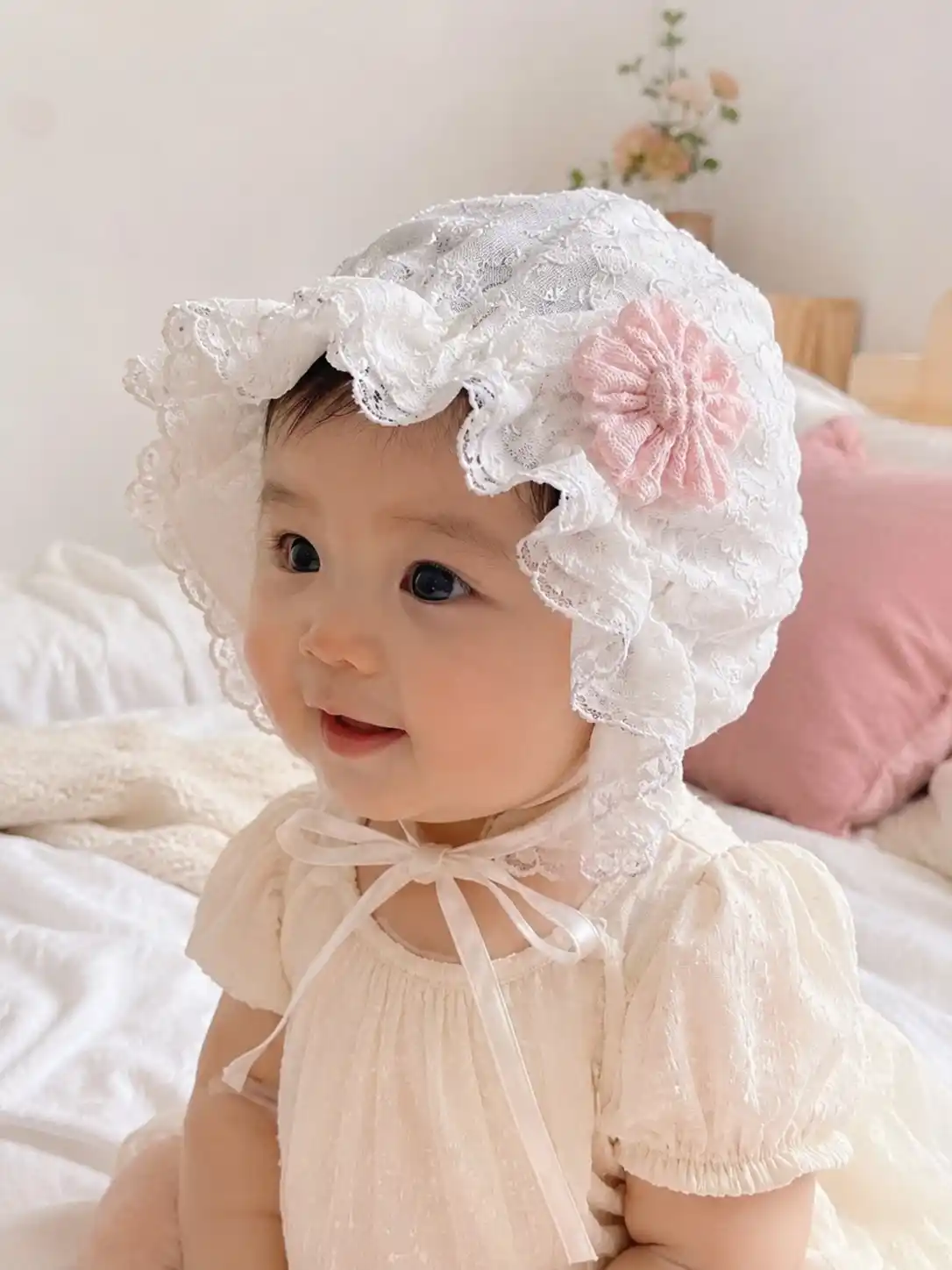 Детский чепчик для девочек 0–3 лет, кружевной капор с завязками baby bonnet