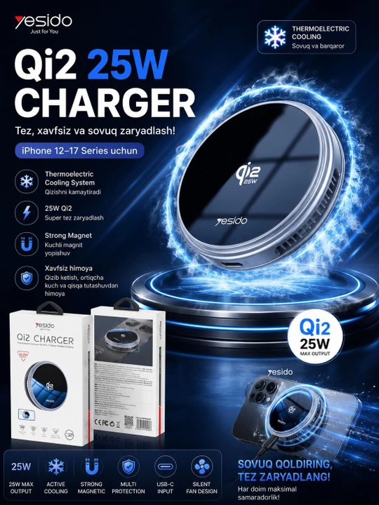 Yesido C325 Qi2 25W - iPhone 12-17 uchun sovutiladigan magnitli simsiz quvvatlash sovutgichi - 