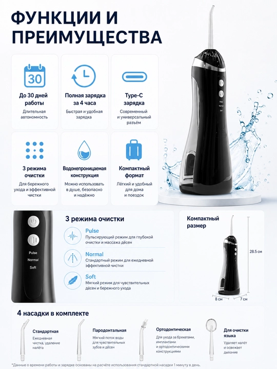 Ирригатор для полости рта портативный, 200 мл, 3 режима, 4 насадки, Type-C