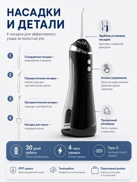 Ирригатор для полости рта портативный, 200 мл, 3 режима, 4 насадки, Type-C