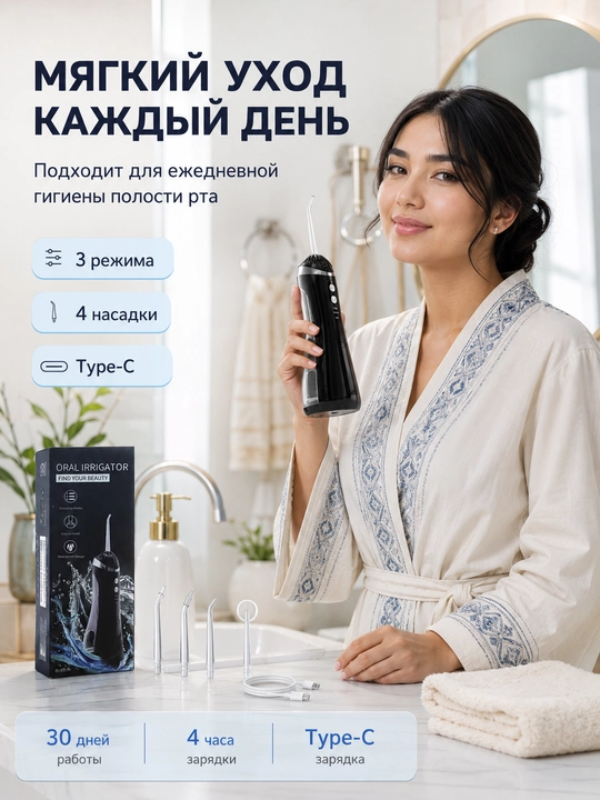 Ирригатор для полости рта портативный, 200 мл, 3 режима, 4 насадки, Type-C
