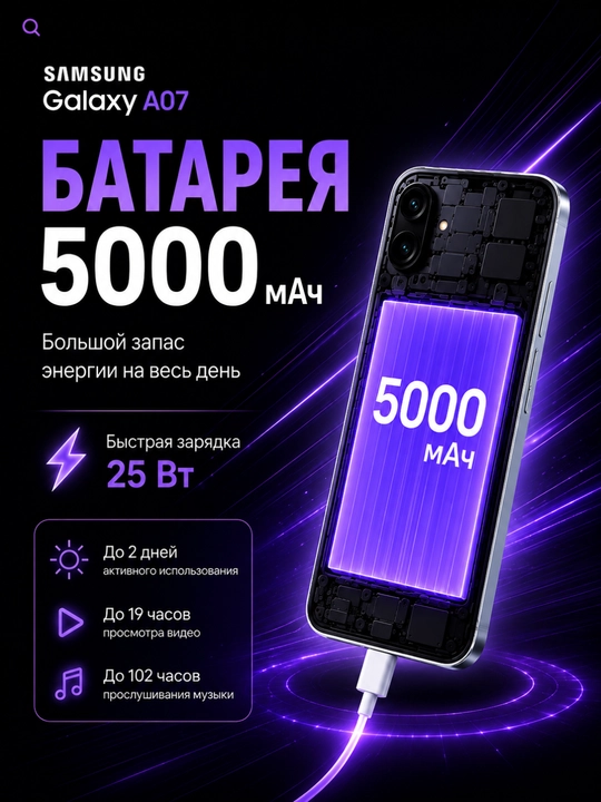 Смартфон Samsung Galaxy A07, 2 SIM, 6.7" 90Hz, 5000 мАч 25Вт, Helio G99, Камера 50МП