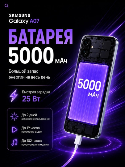Смартфон Samsung Galaxy A07, 2 SIM, 6.7" 90Hz, 5000 мАч 25Вт, Helio G99, Камера 50МП