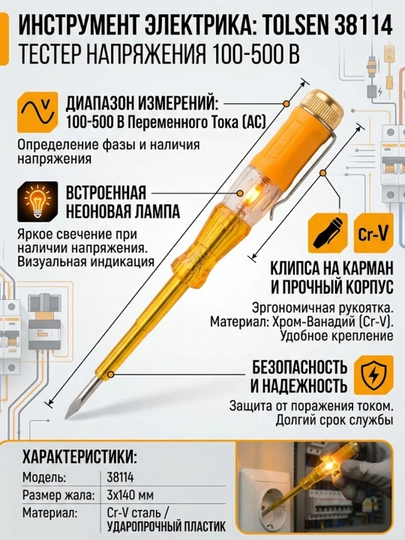 Тестер-отвертка для проверки напряжения TOLSEN 100-500 В 38114 - 