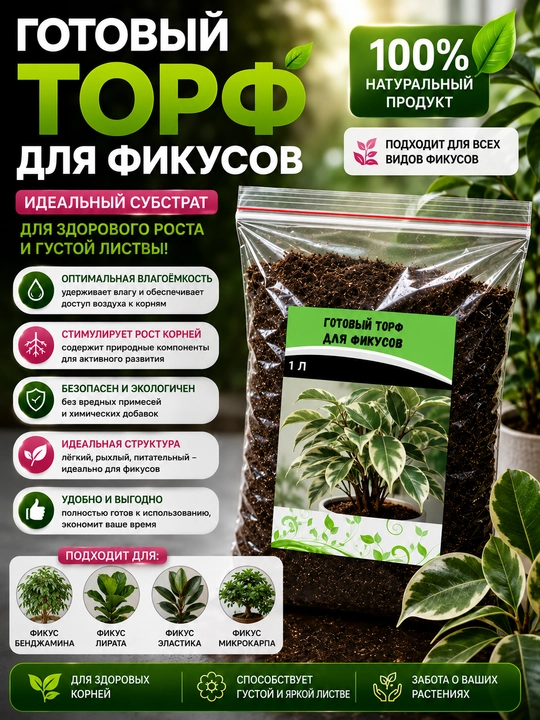 Авторский Торф для всех видов Фикусов, Готовый Грунт для Фикусов - 