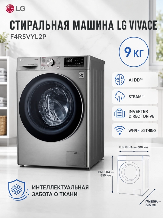 Kir Yuvish Mashinasi  LG VIVACE 9 kg, AI DD, Steam, Inverter, Wi-Fi - 