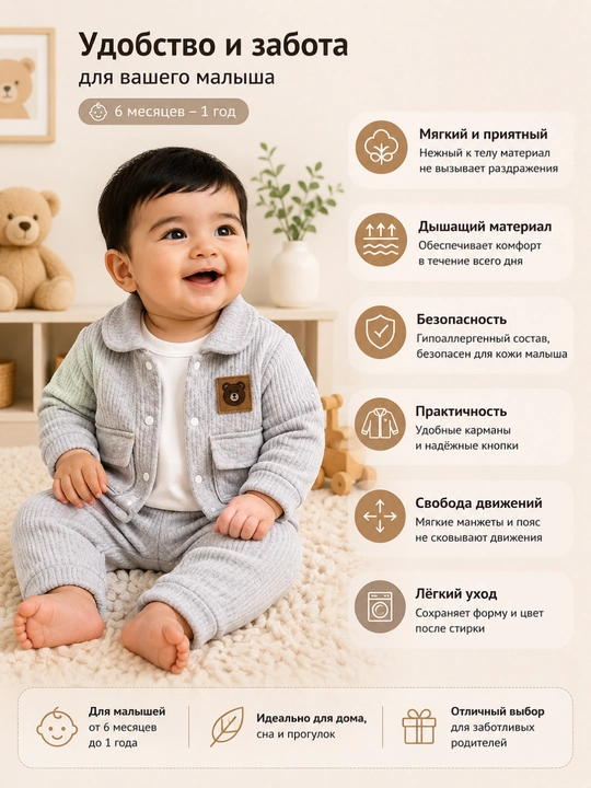 Детский костюм 3 предмета для малышей: куртка, майка и штаны, 6 месяцев–1 год - 