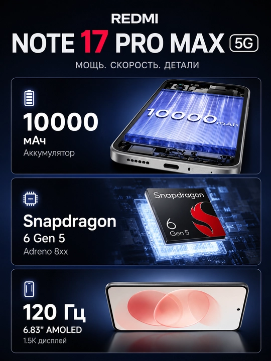 Смартфон Redmi Note 17 Pro Max 5G, 8+512ГБ, AMOLED 120Гц дисплей, 50МП камера, 10000 мАч