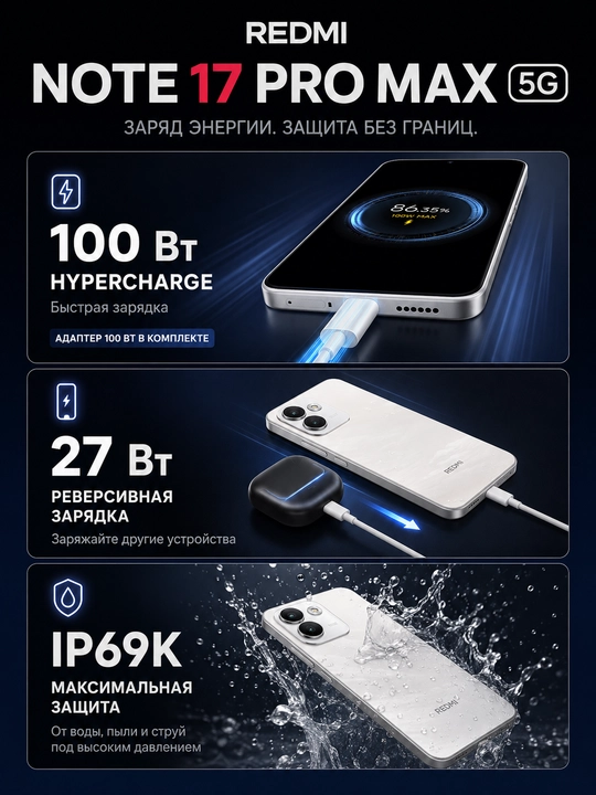 Смартфон Redmi Note 17 Pro Max 5G, 8+512ГБ, AMOLED 120Гц дисплей, 50МП камера, 10000 мАч