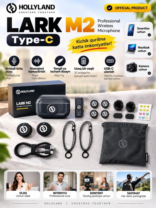 Hollyland Lark M2 Type-C - ikki kanalli, shovqinni kamaytiruvchi va USB-C xususiyatli simsiz mikrofon - 