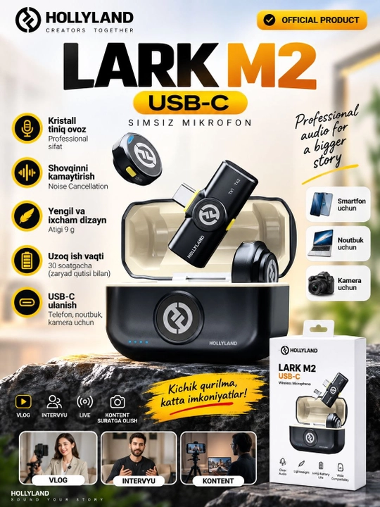 Hollyland Lark M2 Type-C - ikki kanalli, shovqinni kamaytiruvchi va USB-C xususiyatli simsiz mikrofon
