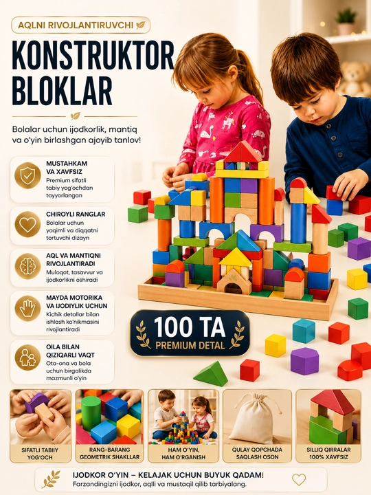 Yog‘och konstruktor Qal’a, bolalar uchun rivojlantiruvchi o‘yin, yog‘och kublar - 