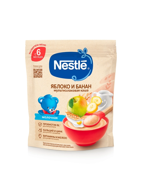 Nestle 6 oylik tez eriydigan "Olma-bananli multiflok" quruq sutli bo‘tqasi. 200g